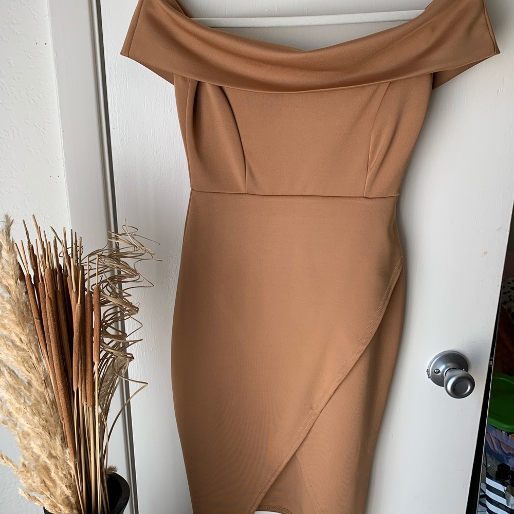 Boohoo Asymmetric Tan Dress